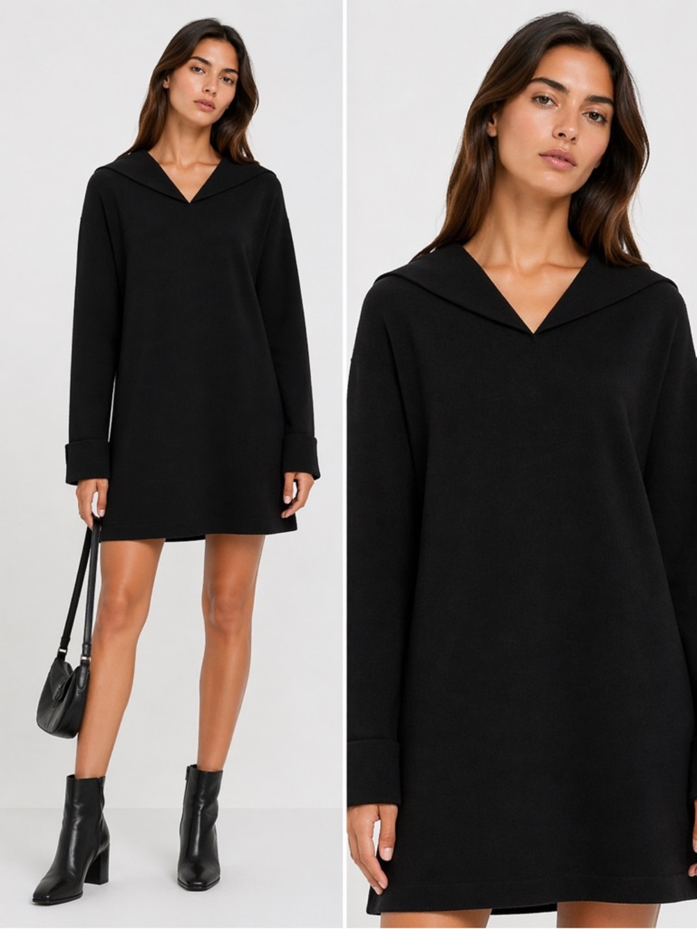 Massimo Dutti Black Knit Tunic Mini Sweater Dress Minimalist Sailor Collar M